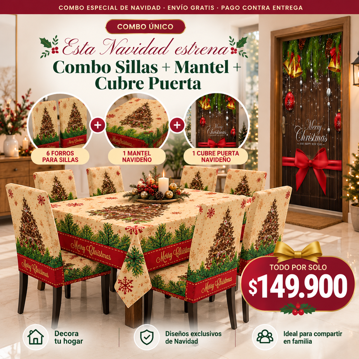 Combo Navideño Sillas + Mantel + Cubre Puerta 🎄🎅🏼🎁🚪