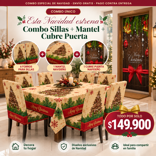 Combo Navideño Sillas + Mantel + Cubre Puerta 🎄🎅🏼🎁🚪